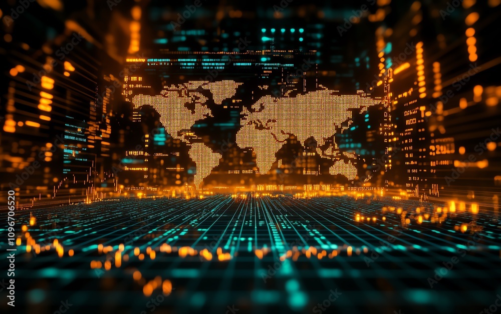 Poster 3D rendered Forex trading chart displaying global market data on a digital background, vibrant currency exchange graphs and statistics