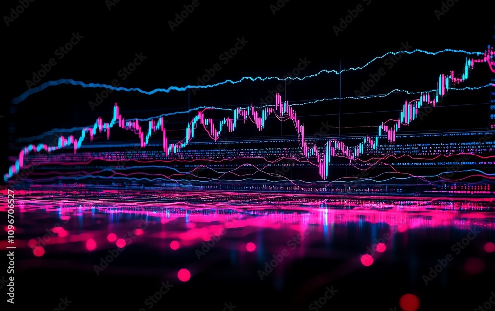 Poster 3d rendered forex trading chart displaying global market data on a digital background, vibrant curre