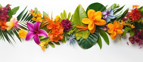 Tropical floral arrangement with vibrant leaves and exotic blooms on a white background ideal for summer themed designs and promotions