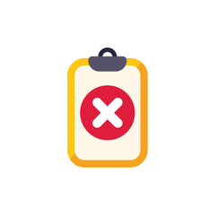 Yellow clipboard is showing negative result, cross mark in red circle, concept for unsuccessful test or survey