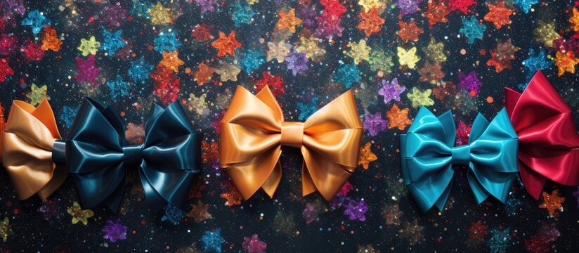Vibrant holiday bows on shimmering glitter paper creating a joyful festive backdrop for celebrations and seasonal events