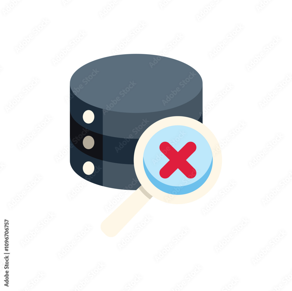 Poster magnifying glass is hovering over a database with a red x, representing an error detection concept