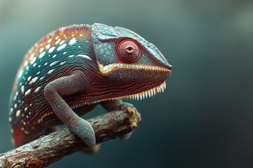 Fototapeta premium A close-up shot of a chameleon resting on a branch, showcasing its vibrant colors and texture