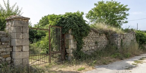 Stone wall with overgrown vegetation and a old gate, decay, gate