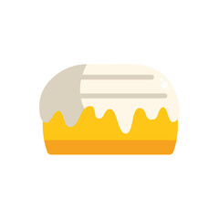 Simple flat vector illustration of a delicious lemon cake with white icing dripping down its sides, isolated on white