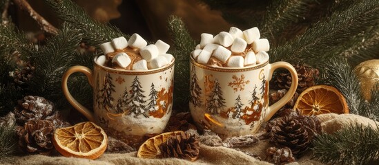 Cheerful mugs with hot chocolate and marshmallows surrounded by pine branches dried orange slices and pinecones creating a cozy festive scene