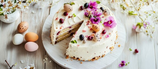 Naklejka premium Easter celebration cake beautifully decorated with flowers quail eggs and a slice cut showcasing a rustic spring aesthetic on wooden surface