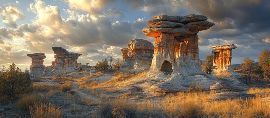 Dramatic sunset over hoodoos showcasing unique geological formations in the central plateau landscape of North America.
