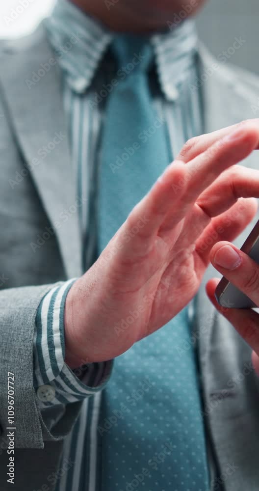Poster closeup, hands and person with mobile in city, travel journey and search with app for direction. out