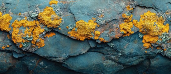 Lichen growth on sea stones showcasing vibrant yellow and green textures in a natural coastal environment