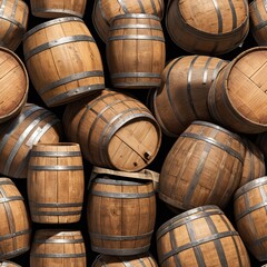 Fototapeta premium Wooden oak barrels with a rustic look, blending vintage charm with natural craftsmanship. 