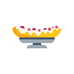 Classic banana split dessert with whipped cream, cherries and a banana sliced lengthwise, served on a pedestal