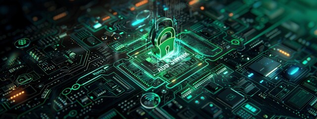 cybersecurity concept data protection motherboard lock login credentials secure connection advanced digital technology