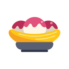 Banana split dessert with three scoops of ice cream and jam, sitting on a plate