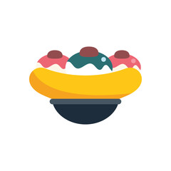 Delicious banana split sundae with three scoops of ice cream topped with chocolate sauce, resting on a plate