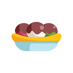 Banana split served on a plate, featuring three scoops of ice cream with a generous drizzle of chocolate syrup, a classic and indulgent dessert