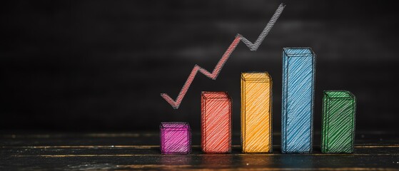 AI generative hand drawing of colorful bar graph and line chart on a blackboard with chalk, creative data visualization concept