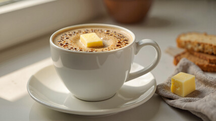 Cup of keto-friendly bulletproof coffee with butter on a cozy morning table