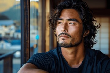 Obraz premium Handsome Japanese Man Gazing at Sunrise in Mountains Black T-shirt Messy Hair Photorealistic Portrait