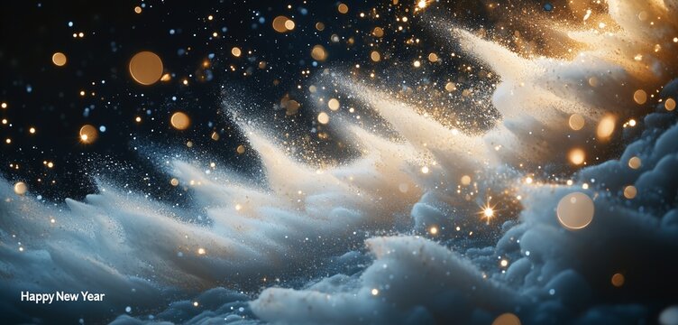 Happy New Year in Pearlescent White Dust Cascading Through a Starlit Night