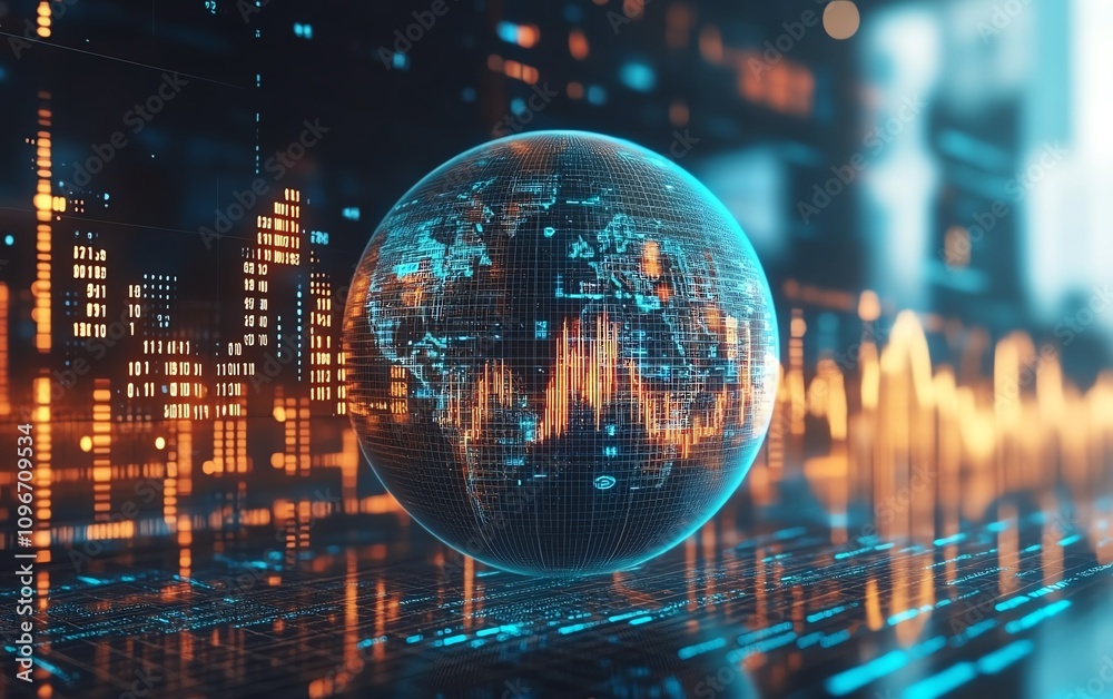 Poster Blue background with a 3D digital globe, binary code, and financial graphs, showcasing global financial trends and data analysis