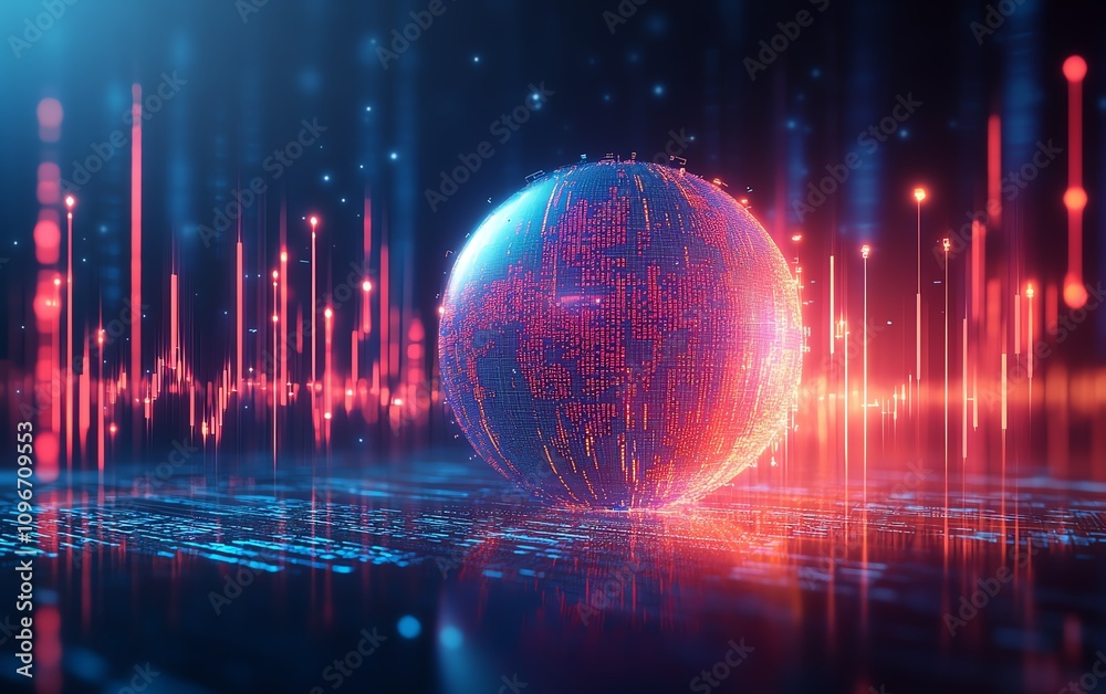 Poster Blue background with a 3D digital globe, binary code, and financial graphs, showcasing global financial trends and data analysis