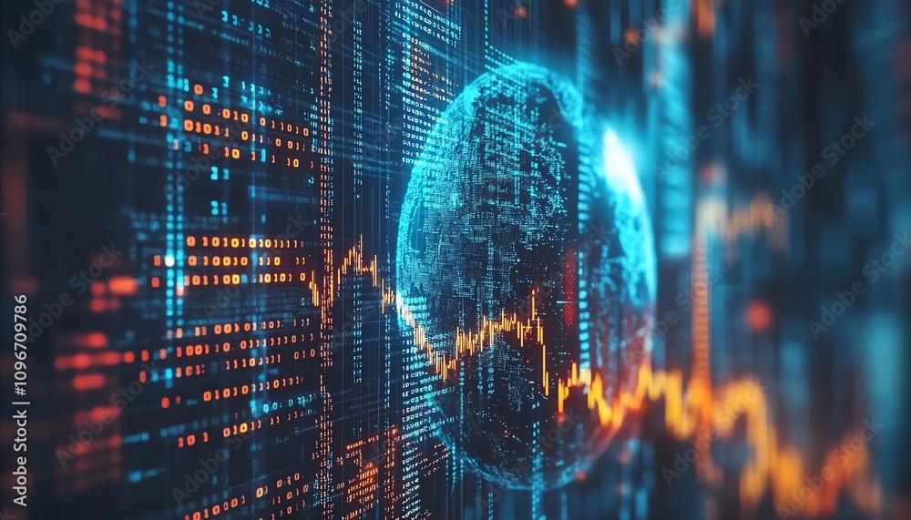 Poster blue digital background with a 3d globe, binary code streams, and financial graphs, symbolizing glob