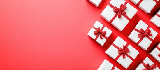Fototapeta premium Gift boxes with red ribbons arranged on a bright pink background for a festive holiday theme with space for text or promotional content