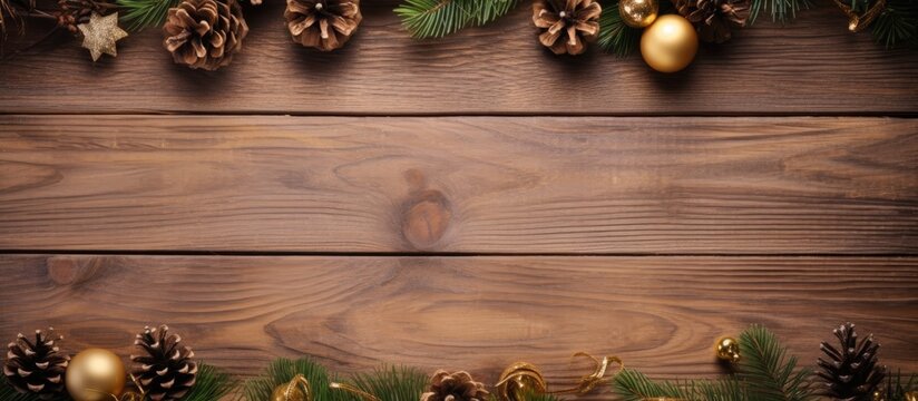 Christmas decoration flat lay with ornaments fir branches and cones on rustic wooden table creating a festive border with copy space