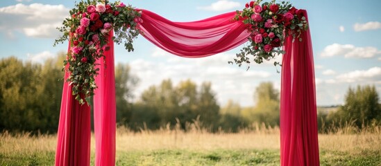 Red wedding ceremony arch adorned with flowers set against a picturesque outdoor backdrop under a clear blue sky.