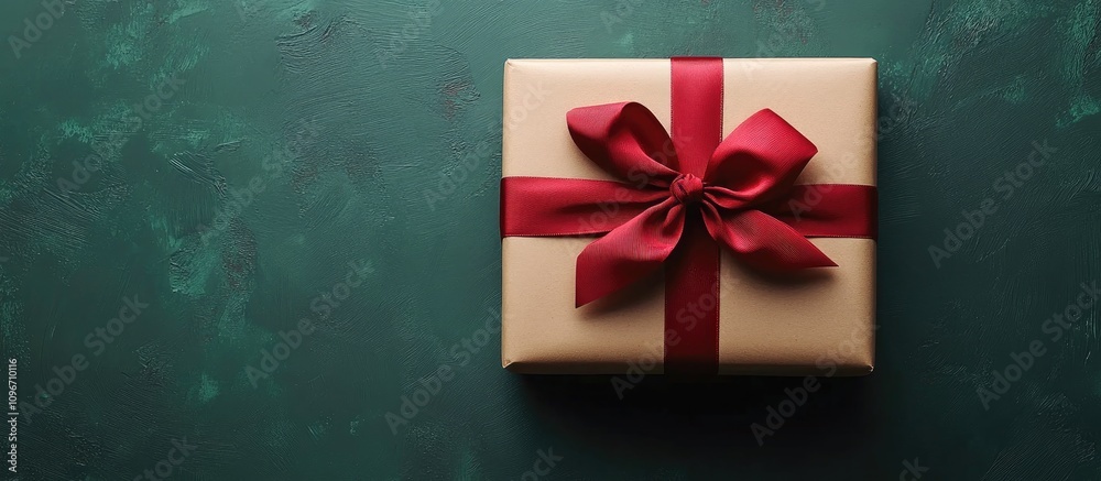 Wall mural Elegant gift box decorated with red ribbon on green background for Christmas festive season flat lay view with copy space