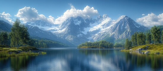 Fototapeta premium Highlands landscape featuring snow capped mountains above a serene lake reflecting the vibrant natural beauty of expansive valleys and greenery