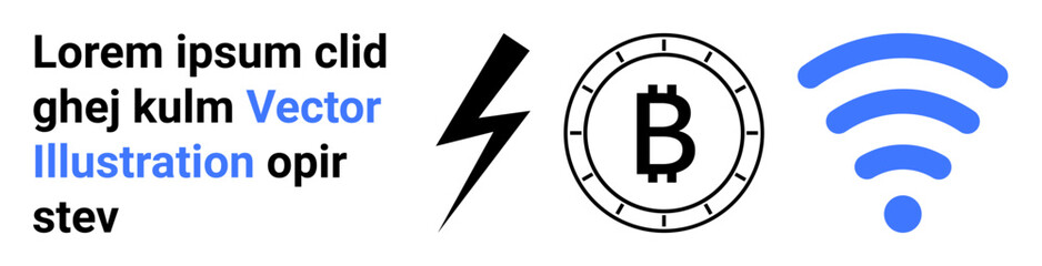 Power lightning bolt, Bitcoin symbol in coin, and blue wireless signal icon next to placeholder text. Ideal for technology, cryptocurrency, blockchain, networking, energy, fintech, digital
