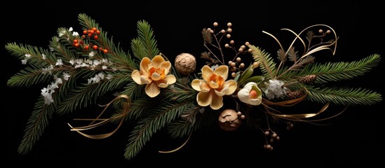 Obraz premium Pine branches decorated with flowers and natural elements on a dark background for seasonal celebrations and holiday decor themes