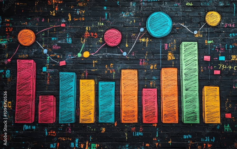Fototapete chalkboard featuring a handdrawn colorful bar graph and line chart, with detailed data analysis, gen