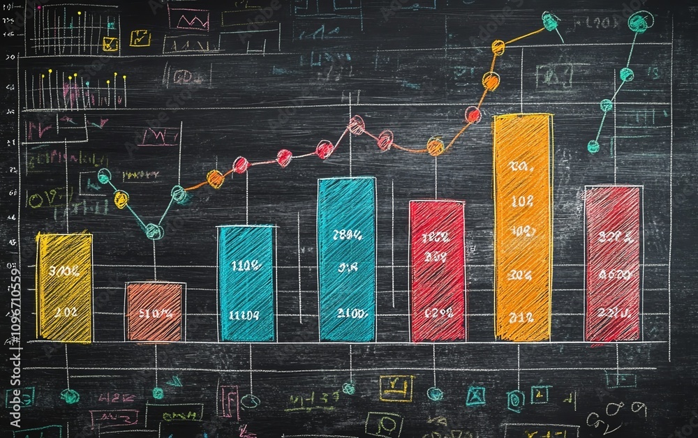 Fototapete chalkboard featuring a handdrawn colorful bar graph and line chart, with detailed data analysis, gen