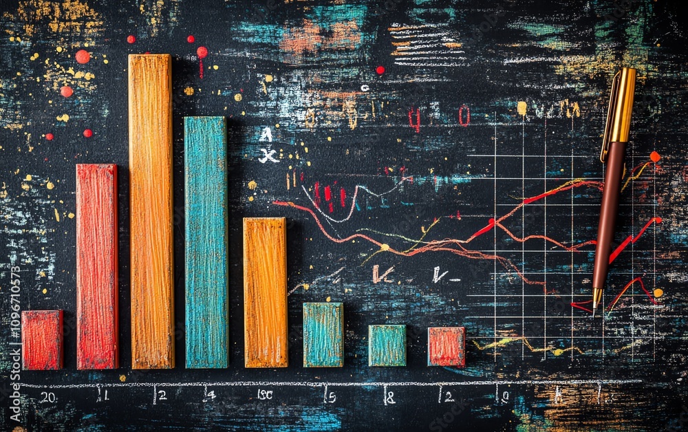 Aufkleber chalkboard featuring a handdrawn colorful bar graph and line chart, with detailed data analysis, gen