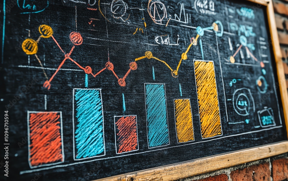 Poster Chalkboard featuring a handdrawn colorful bar graph and line chart, with detailed data analysis, generative AIstyle drawing