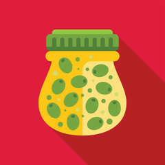 Preserved green olives in a glass jar, ideal for appetizers or cooking, creating a vibrant visual on a red background