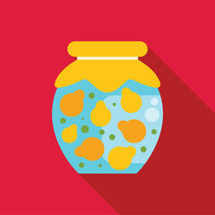 Preserved lemons and limes, floating in syrup, inside a glass jar with yellow lid, long shadow, red background