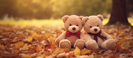 Two adorable teddy bears seated on a bed of autumn leaves under a tree creating a warm vintage atmosphere for romantic or holiday themes