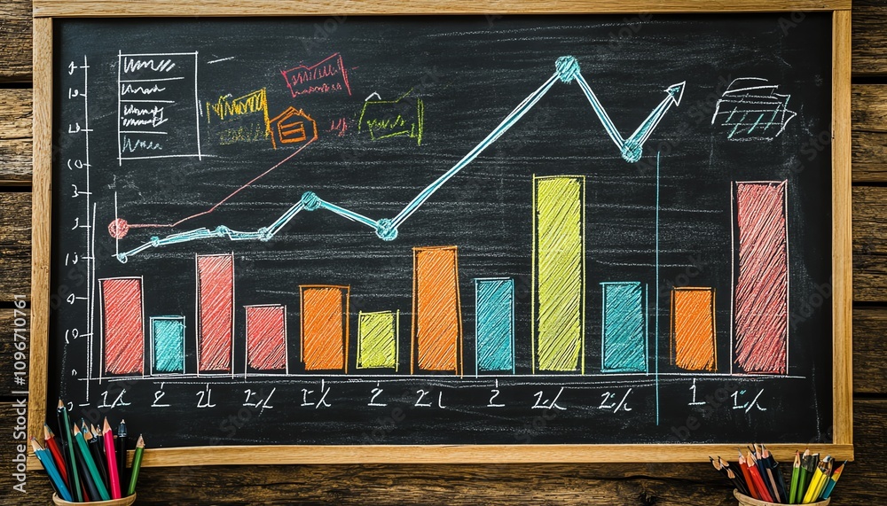 Fototapete chalkboard with handdrawn colorful bar graph and line chart, ai generative design, showcasing dynami
