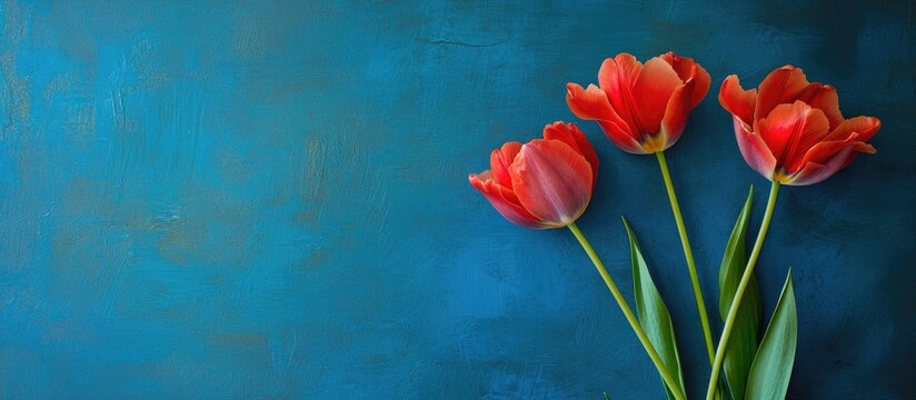 Elegant red tulips with vibrant green leaves on a textured blue background perfect for spring or floral themed designs and promotions