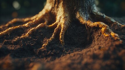 A tree root is shown in a close up of the ground