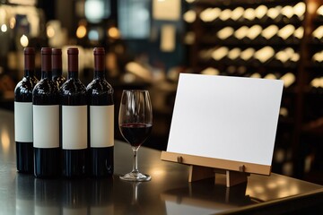 Wine bottles with blank label, glass and empty sign mockup template displaying information in wine cellar