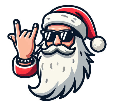 Rock Santa Claus wearing sunglasses and making a rock hand gesture, perfect for modern and fun holiday projects. A humorous vector illustration combining festive vibes, style, and Christmas spirit.