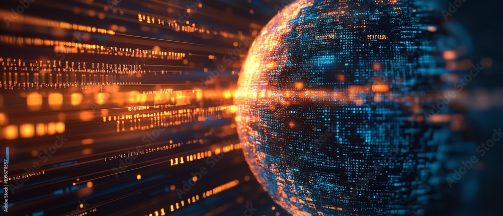 Poster digital globe surrounded by binary code and dynamic financial graphs on a blue background, 3d render