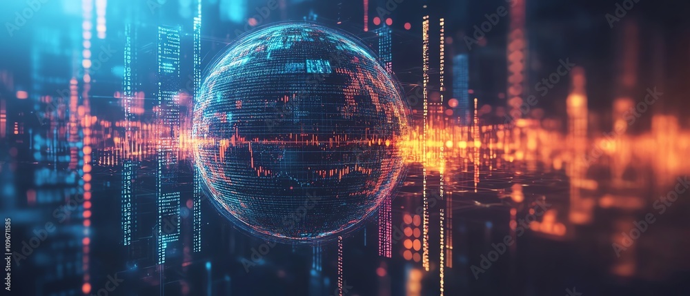 Aufkleber Digital globe surrounded by binary code and dynamic financial graphs on a blue background, 3D rendering, tech and finance theme