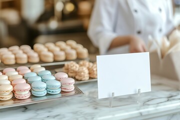 Pastry chef displaying colorful macarons and blank sign mockup template in pastry shop