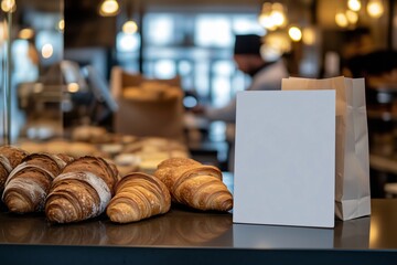 Freshly baked croissants displayed with blank sign mockup template in bakery window